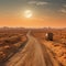 Container trucks run on barren sandy roads with planets in the sky as a backdrop