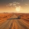 Container trucks run on barren sandy roads with planets in the sky as a backdrop