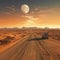 Container trucks run on barren sandy roads with planets in the sky as a backdrop