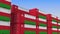 Container yard full of containers with flag of Oman. Omani export or import related loopable 3D animation