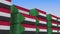 Container yard full of containers with flag of Sudan. Sudanese export or import related loopable 3D animation