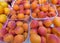 Containers of apricots at a market