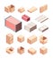 Containers and boxes isometric set. Cardboard and wooden boxes packaging transport delivery industrial large containers