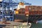 Containers on a cargo vessel. Global market. International shipping. Logistic