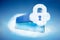 Containers in the cloud with security lock icon