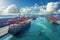 Containers are loaded onto container cargo ship at terminal vessel port