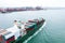 containers ship corgo logistic transportation import export international sailing in sea Photograph angle view from drone of point