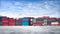 Containers Yard on blue sky background and floor ground with container truck, Global Business Logistics import export goods
