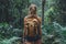 Contemplative Female Solo Traveler Amidst the Lush Greenery of a Misty Forest. Generative AI