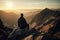 Contemplative person sitting on the edge. Stunning view in mountainous landscape.