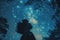 Contemplative Silhouette Against a Starry Night Sky, The silhouette of a solitary figure stands in contemplation under a canopy of