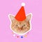 Contemporarty art collage of cat wearing red holiday hat isolated over pink background. Christmas and New Year concept