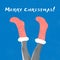 Contemporarty art collage of female legs wearing drawn res socks isolated over blue background. Christmas and New Year