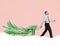 Contemporarty art collage of man carrying Christmas tree on sled isolated over pink background. Christmas and New Year