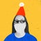 Contemporarty art collage of woman in red holiday hat, face protective mask and pixel glasses isolated over yellow