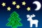 Contemporary art background with colored christmas tree, deer and star. Concept of holidays, party, 2023 New Year