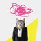 Contemporary art collage in abstract magazine design. Failed and stressed worker, human body with cat head full of