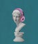 Contemporary art collage antique statue bust in modern pink headphones with donut element isolated over green background