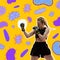 Contemporary art collage. Athletic, fit girl in boxing gloves in static pose fights with harmful bright bacteria.