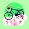 Contemporary art collage. Bike and flowers. Summer bloom mood