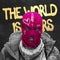 Contemporary art collage. Brutal, dangerous man in pink balaclava isolated over balck background with golden lettering