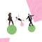 Contemporary art collage. Business people, employees walking, balancing on ball symbolizing way to success