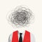Contemporary art collage. Businessman with chaotic drawings instead head symbolizing active ideas generation, thoughtful