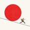 Contemporary art collage. Businessman running from giant ball, business obstacle, trying to escape problems