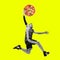 Contemporary art collage. Composition with male basketball player with pizza as ball. Healthy eating concept.