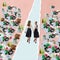 Contemporary art collage. Conceptual image of two girls walking on podium around lots of garbage, plastic trash. Save