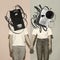 Contemporary art collage. Couple with retro video cassette and video player holding hands. Art lovers