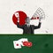 Contemporary art collage. Creative design. Man in a suit playing cards, poker in casino. Online betting, risky game