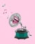 Contemporary art collage. Creative design. Vintage gramophone with female mouth inside singing, making lovely melody