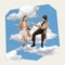 Contemporary art collage. Creative design. Young stylish couple, man and woman sitting on clouds and talking. Date