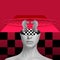 Contemporary art collage. Creative surreal design. Chess game. Cut female face with chess board and chess piece of
