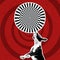 Contemporary art collage. Cute dog with huge circle with optical illusion pattern, design. Concept of creativity, art