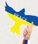 Contemporary art collage with dove covered with yellow and blue flag colors symbolizing peace in the world