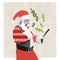 Contemporary art collage. Emotive man in image of Santa Claus looking in magnifying glass on great seasonal sales