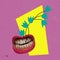 Contemporary art collage. Female mouth holding flowers isolated over pink yellow background