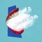 Contemporary art collage. Female mouth with red lipstick blowing smoke made from clouds isolated over blue background