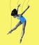 Contemporary art collage with flexible ballerina with drawn doll-puppet body dancing on yellow background. Concept of