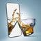 Contemporary art collage. Glass of bourbon, whiskey touching the phone screen over blue background.