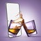 Contemporary art collage. Glasses of bourbon, whiskey placed to the phone screen over purple background.