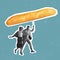 Contemporary art collage joyful young couple, man and woman walking under rain with baguette, bread umbrella isolated