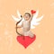 Contemporary art collage. Little boy, toddler in character of Cupid sending love arrows isolated over peach background