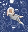 Contemporary art collage of little girl in role of astronaut over blue background. Concept of online education