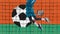 Contemporary art collage. Male legs, football player in motion, hitting ball during match. Sports betting