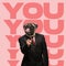 Contemporary art collage of man in black official suit with dog, pug head isolated over pink background with lettering