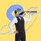 Contemporary art collage. Man in official cloth with raccoon head looking in telescope isolated over yellow background