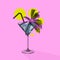 Contemporary art collage, modern design. Party mood. Tropical palm tree in giant martini cocktail glass.